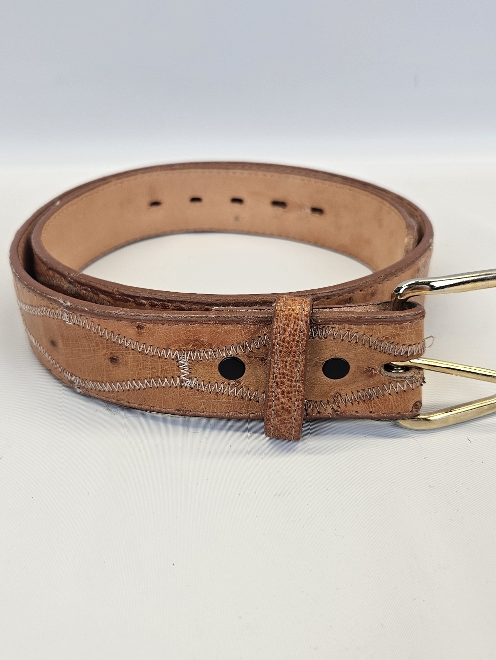 Nocona Genuine Ostrich Leather Belt Size 34 Light Brown Gold Buckle Texas USA